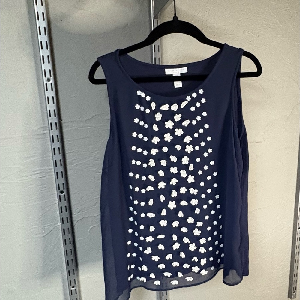 Charter Club Navy Blouse with White Floral Design